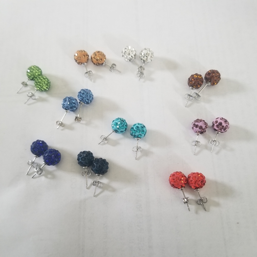 LOT OF 10 SHINY RHINESTONE STUD BALL EARRINGS
